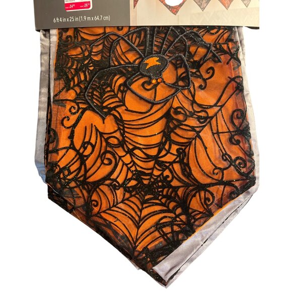 Nos Pier 1 Imports Halloween Glitter Spider Web Mantel Scarf Black & Orange - Picture 2 of 4